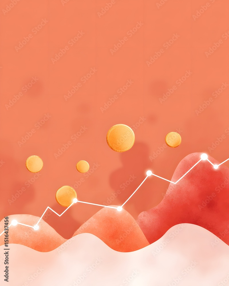 Poster abstract illustration of a rising line graph with glowing data points and golden circles on a red-or