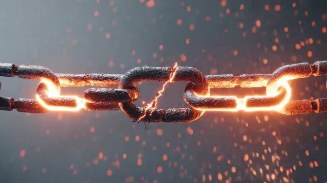 Burning chain link with glowing cracks and sparks, close up of metal showing strength, tension, heat, and breaking points under pressure with fiery sparks and glowing cracks