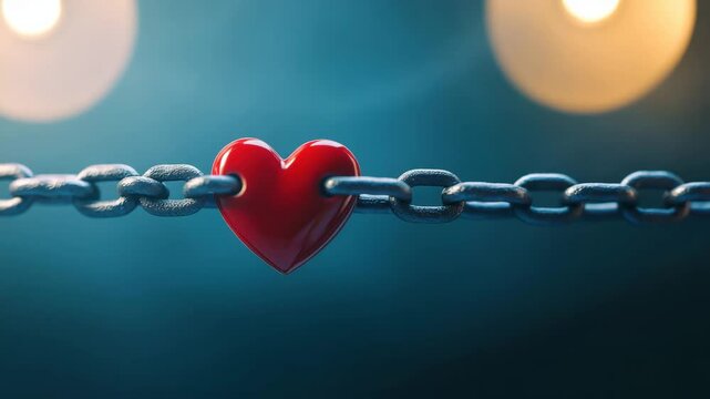 Red heart linked in metal chain symbolizing love and connection, close up with blurred background, warm light, and soft bokeh creating calm and thoughtful mood