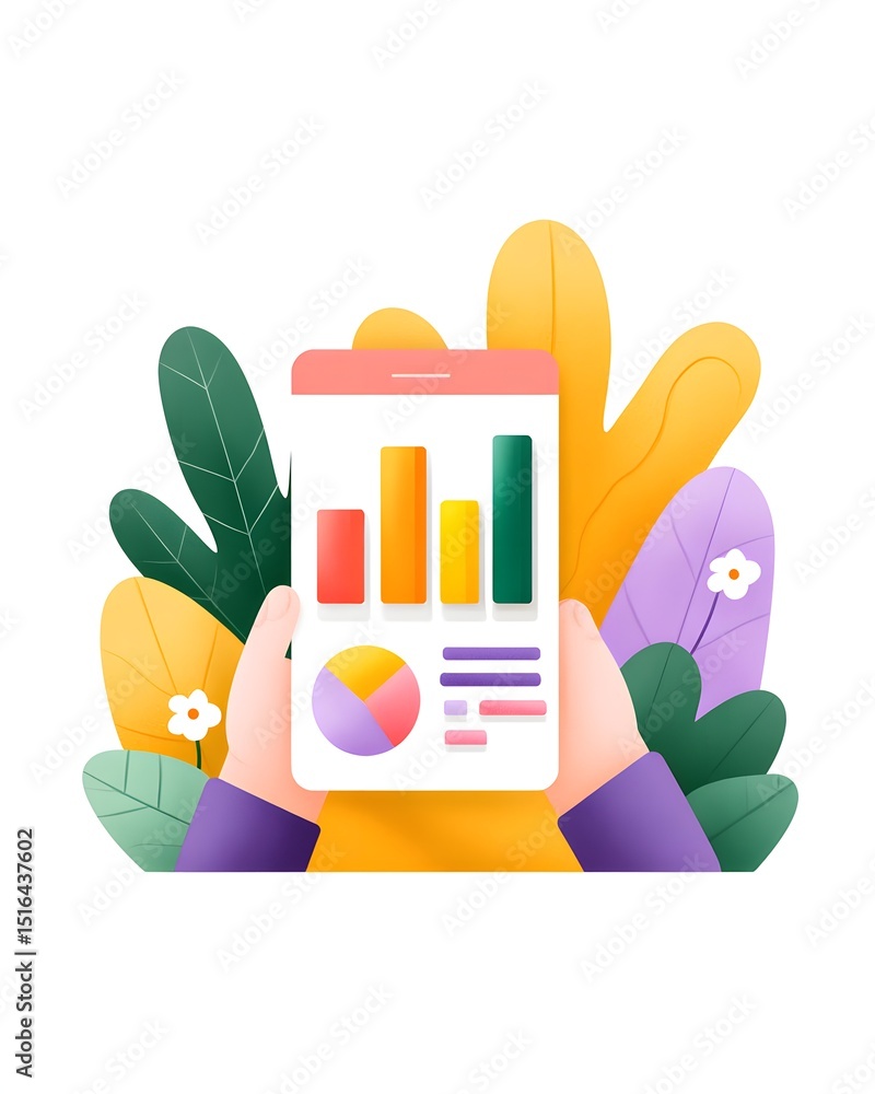 Poster a person holds a smartphone displaying colorful charts and graphs, surrounded by abstract leaves and