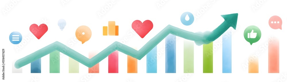 Poster a colorful bar chart with icons and an upward arrow representing growth, data analysis, and positive