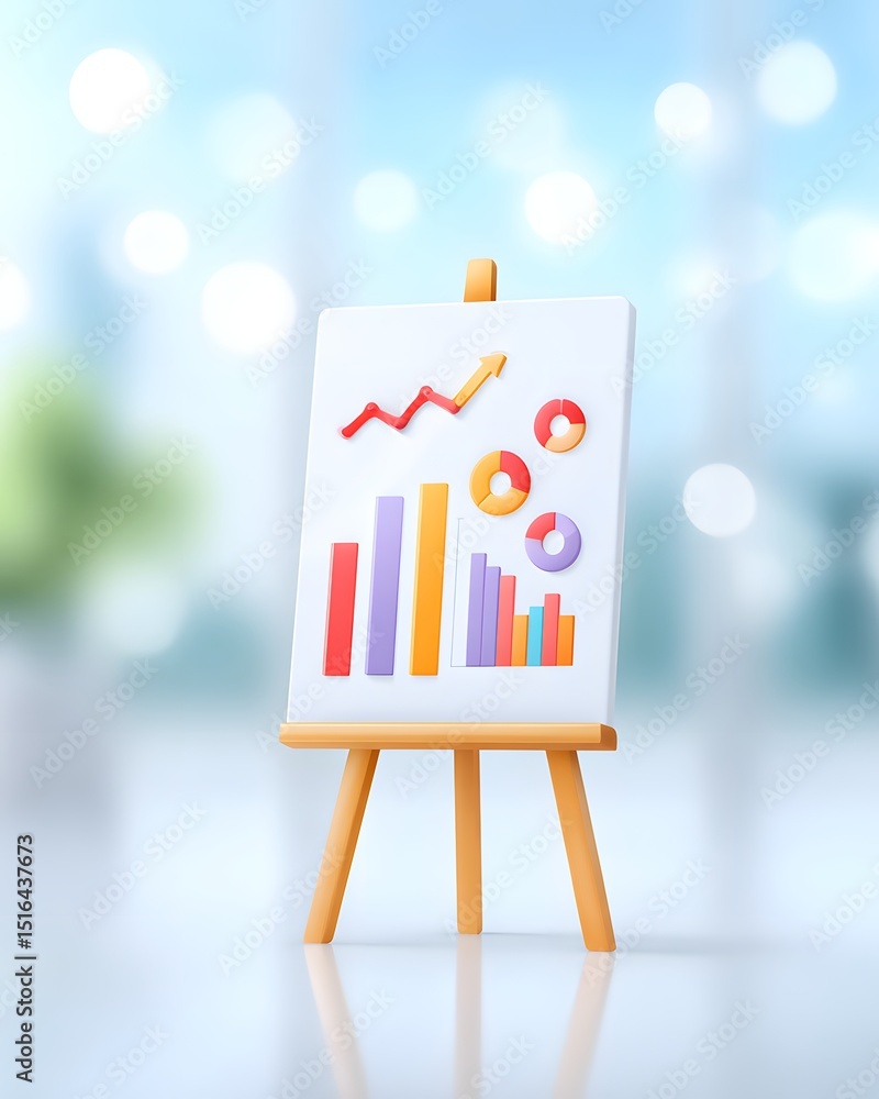 Poster a colorful easel displays graphs and charts, illustrating data analysis in a bright, blurred office 