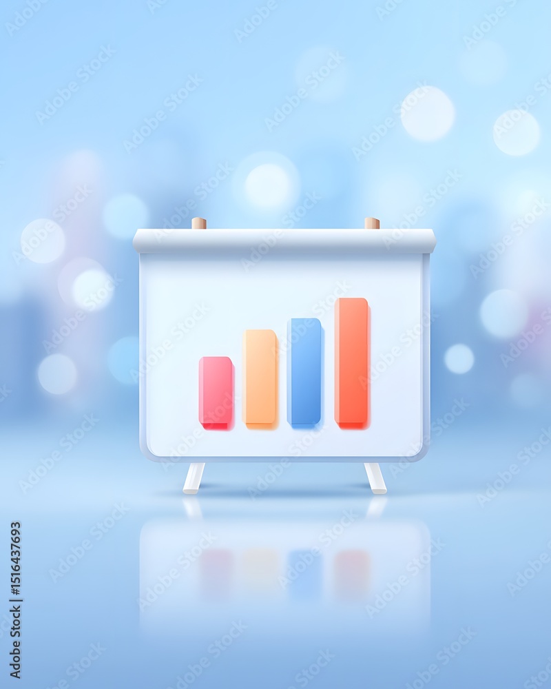 Poster a 3d chart with colorful bar graphs on a presentation board, set against a blurred blue background w