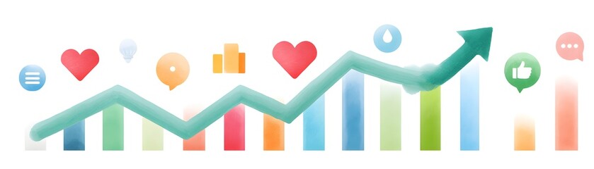 A colorful bar chart with icons and an upward arrow representing growth, data analysis, and positive social media engagement.
