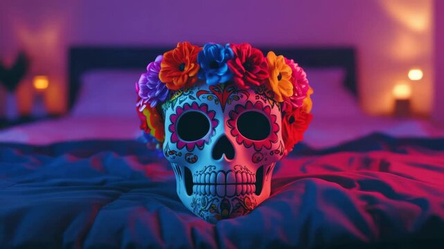 Colorful decorated skull with flower crown on bed in moody lighting, vibrant floral patterns and festive decoration creating cultural celebration atmosphere with soft ambient lighting