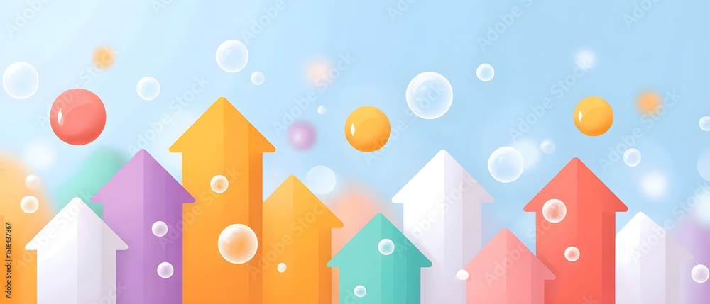 Poster colorful arrows point upward with floating bubbles and circles on a light background, symbolizing gr