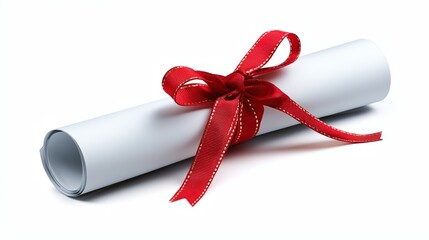 Gift certificate rolled certificate with a red ribbon isolated on white background.