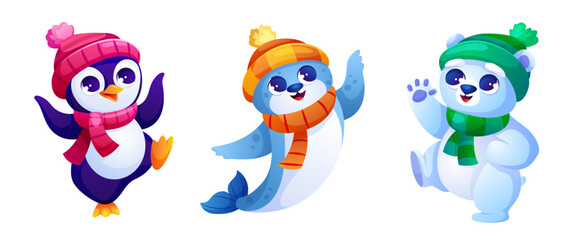 Cute little cartoon arctic animal characters dancing in a hat and scarf. Illustration of a winter animal-penguin, seal and polar bear
