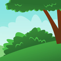 Cute landscape with vector illustration of grass and trees. Cartoon sunny landscape of a spring or summer park with green bushes and forest trees, clouds in the sky