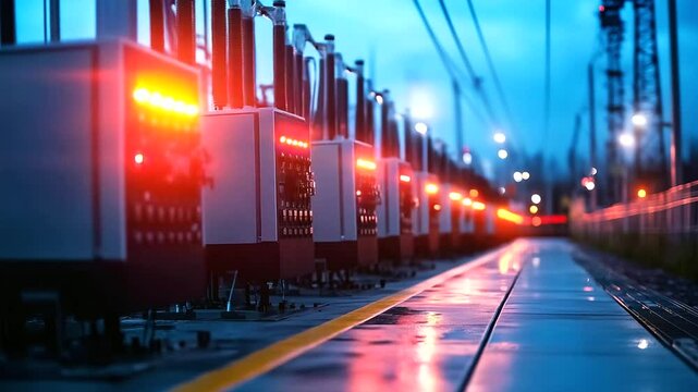 A bustling electrical substation with high-voltage transformers arranged in a row, safety barriers creating a clear perimeter, while flashing warning lights and hazard signs convey