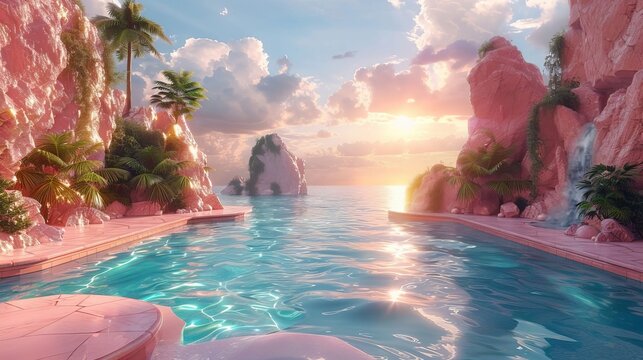 Serene Sunset Paradise Pink Cliffs Oceanfront Infinity Pool Tropical Getaway