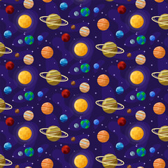 Abstract cartoon planets on a vast background. Fantastic galaxy with endless space design, paper printing, textile fabric, repeating wrapper, astronomical space background template