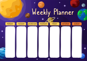 A school timetable template with cartoon planets, stars and the sun. A weekly planner with a cosmic background for subjects. Vector illustration