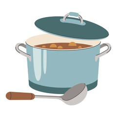 A saucepan with a lid for steaming water and a head rest. Cooking soup or pasta, mascot of the cooking process, vector illustration of cartoon kitchen utensils