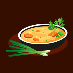 Vector illustration of delicious hot soup with vegetables in a bowl, for packaging and menu.