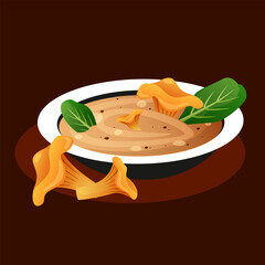 Vector illustration of delicious hot soup with vegetables in a bowl, for packaging and menu.