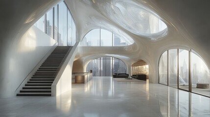 Modern Luxury Apartment Interior Design Spacious Living Room with Stunning City Views and Unique Architectural Details