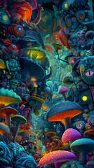 Fototapeta premium High-resolution psychedelic digital artwork featuring surreal mushrooms eerie faces floating objects and fractal kaleidoscopic patterns in vivid neon colors 