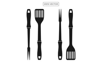 Grill. Tools for grilling. Grill fork, kitchen spatula, bbq tools. Design element for logo, label, sign, poster, flyer. Vector illustration icon
