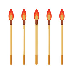 Five Lit Matches Isolated on White Background Showing Burning Flames and Wooden Sticks