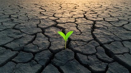 Small green seedling sprouting from dry cracked soil under warm sunlight, symbolizing natures growth and resilience in drought conditions with hope for green plant survival