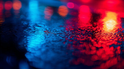 Glowing red and blue lights on a wet street, a vivid urban night scene