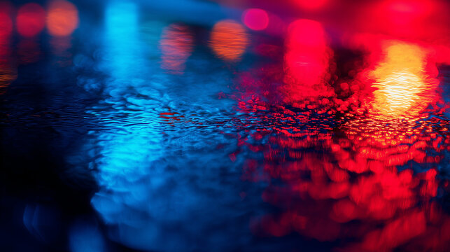 Glowing red and blue lights on a wet street, a vivid urban night scene