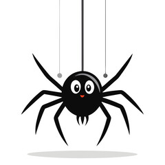Obraz premium Hanging Black Spider Cartoon with Happy Face on White Background Illustration