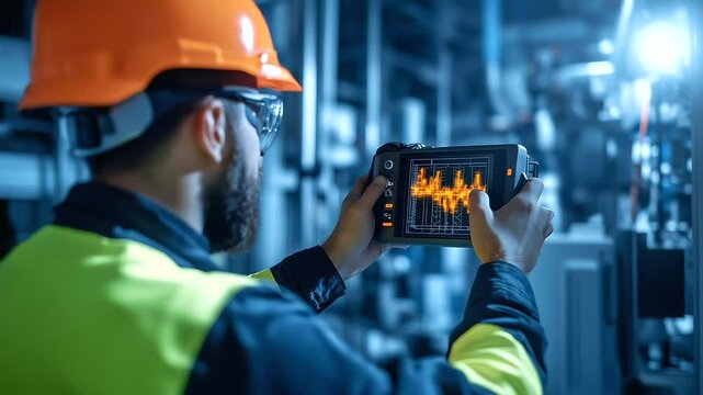 A close-up of a thermal camera screen showing an infrared view of a power transformer, highlighting areas of potential risk as the worker in protective gear inspects for overheatin