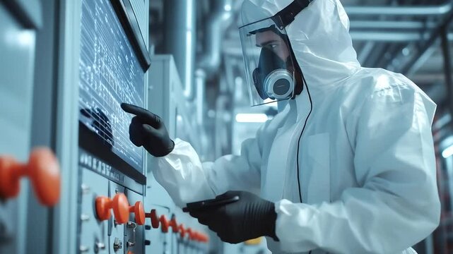 A detailed inspection scene where a worker in a protective suit conducts thermal scans on a power transformer&rsquo;s insulators, using the infrared screen to detect temperature different