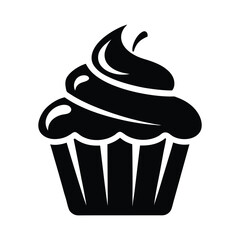 Black and white vector silhouette of a cupcake with frosting, isolated on a white background. Simple and clean dessert icon for bakery, pastry, or celebration themes