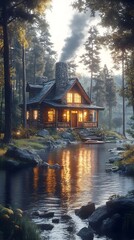 Fototapeta premium Cozy Log Cabin by the Lake at Sunset Peaceful Lakeside Retreat in the Woods