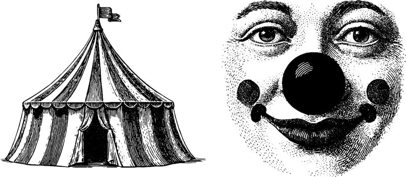 Circus themed engraved illustrations featuring tent and clown face for vintage design
