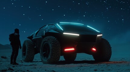 A cutting-edge all-terrain vehicle stands against the stark backdrop of an alien terrain, hinting at themes of exploration and the unknown in a sci-fi context.
