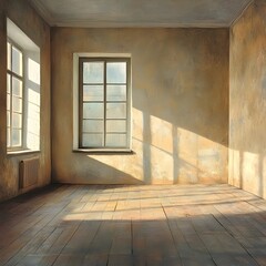 Sunlit Empty Room with Wooden Floor and Large Windows Perfect for Interior Design or Real Estate