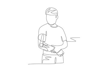 Man uses tools to assist hand rehabilitation. Assistive technology concept one-line drawing