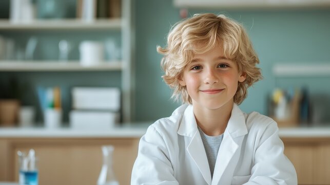 A cheerful young boy in a lab coat smiles at the camera in a bright, modern lab setting, showcasing the excitement of learning and experimentation in science.