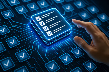 Business Compliance and Document Management System with File Icons, Checkmarks, Server Storage and Law-Based Data Handling