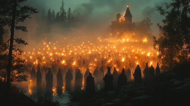 Many people with torches in the dark, creating an atmosphere of mystery and ancient rituals. Suitable for illustrating historical events or mystical subjects.