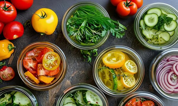 Colorful Vegetable Salads Display Featuring Tomatoes Cucumbers and Bell Peppers in Small Bowls on a Dark Tabletop in
