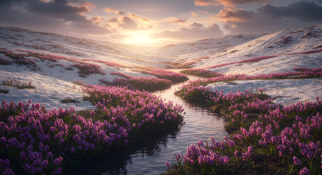 Early spring with melting snow and blooming flowers symbolizing renewal