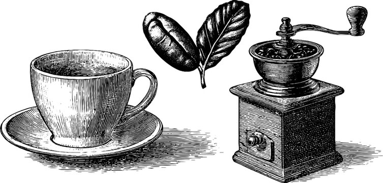 Vintage coffee cup and grinder engraving for cafe decor and design