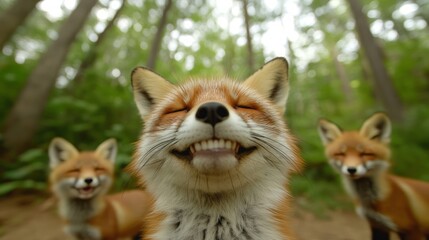 Playful Red Foxes Smiling in a Lush Forest Environment with Soft Natural Lighting
