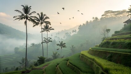 Obraz premium Idyllic Rice Terraces: The tranquil beauty of rice terraces is captured beneath a sunrise sky, with silhouetted palm trees. The perfect postcard-worthy scene for any travel destination.