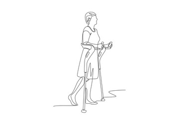 Woman using electric walking stick. Assistive technology concept one-line drawing