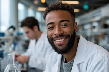 Obraz premium A cheerful researcher, clad in a lab coat, is smiling in a laboratory filled with high-tech equipment, showing enthusiasm and commitment to scientific discovery and innovation.