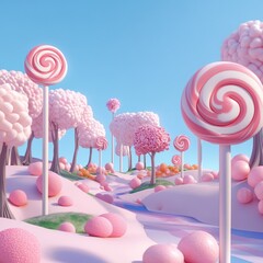 Whimsical, pastel-colored candy land scene with lollipops, trees, and a river