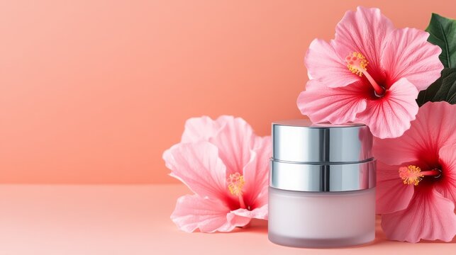 Elegant Cosmetic Cream Jar Surrounded by Vibrant Hibiscus Flowers on Soft Peach Background