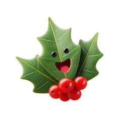 Christmas Holly Decoration with Red Berries and Cute Face on Transparent Background