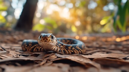Close-Up of a Colorful Snake Resting on Leafy Ground in Natural Sunlit Forest Environment